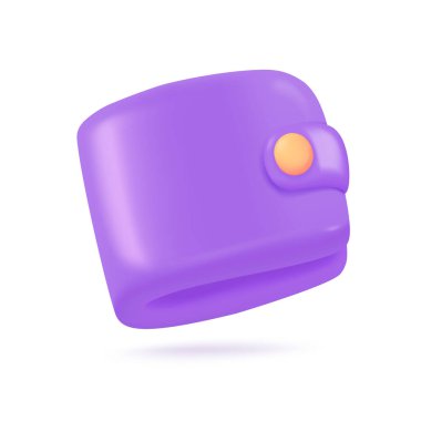 Üç boyutlu mor cüzdan ekonomik olarak para harcıyor. Para biriktirme çantası. 3B vektör çizimi.