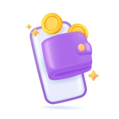 Tasarruf Yatırımını yönetmeye yardımcı olması için mobil ekran uygulamasında 3D cüzdan. 3B vektör çizimi.