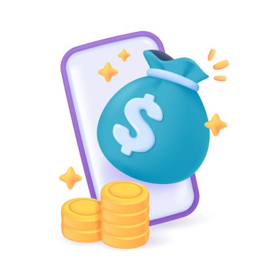 Cep telefonunda para çantası. Akıllı mobil biçim 3D vektörü üzerinden para biriktirme fikri..