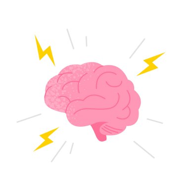 Human brain illustration. Brain with flashes of lightning and rays. Finding an idea or solving a problem. Vector flat illustration isolated on the white background.