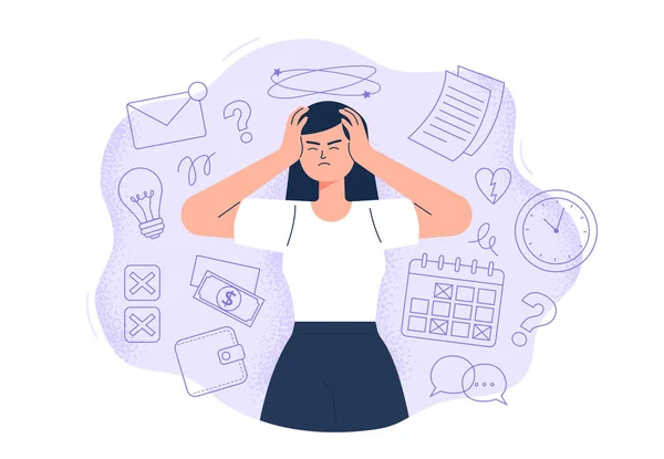 異なる問題を通して頭痛を持つ女性 ストレスと疲労の概念 背景にフラットスタイルベクトルイラスト — ストックベクタ