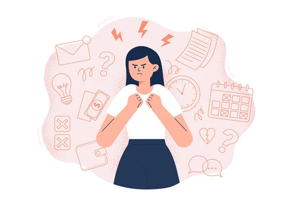 Woman is angry through different problems. Emotions of anger, furious, and irritation. Stress and tiredness concept. Flat-style vector illustration on the background.