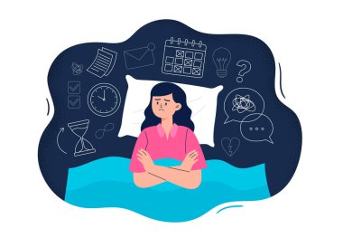 An overwork and stress symptom. Young sleepless woman lying in bed and thinking about problems, deadlines, tasks, and conversations. Vector flat illustration isolated on white background.