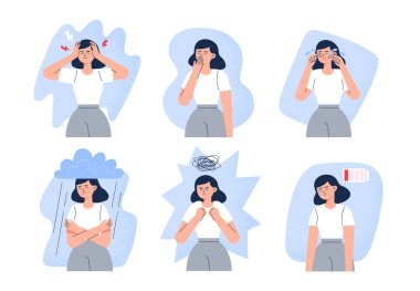 Woman with stress symptoms. Health problems include headaches, insomnia, hysterics, depression, anger, and tiredness. Flat-style vector illustrations isolated on the white background.