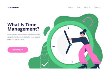 Bir kadın saat okunu geri çekiyor. Zaman yönetimi, planlama ve son teslim tarihi konsepti. Web afişi ve iniş sayfası için vektör düz illüstrasyon.