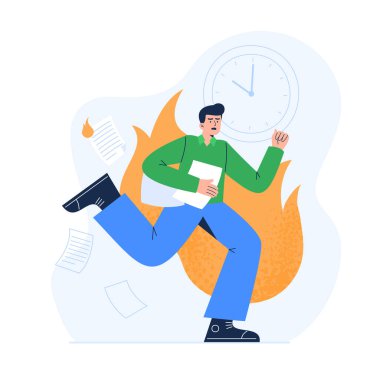 Belgeler ve belgelerle acele eden stresli bir adam. Bir sürü işi ve teslim tarihleri olan meşgul bir ofis çalışanı. İş yerinde aşırı çalışma ve stres. Beyaz arkaplanda izole edilmiş vektör düz illüstrasyon.