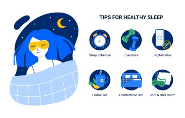 Tips for healthy sleep. A young woman sleep in the face mask. Sleep schedule, sport exercises, digital detox, herbal tea, comfortable bed and pillows. Trendy flat vector illustrations. clipart
