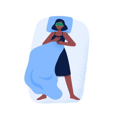 Bir kadın yüz maskesi takmış bir şekilde arka koltukta uyur. Gece uyku pozisyonunun en üst görüntüsü. Beyaz arkaplanda izole edilmiş düz biçimdeki vektör illüstrasyonu.