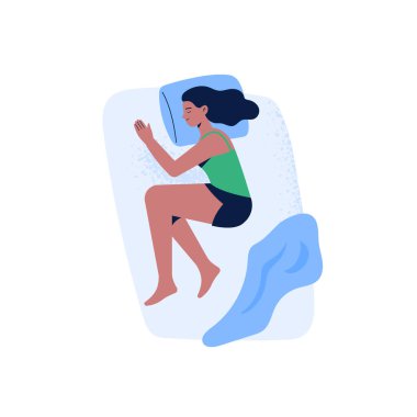 Bir kadın rüya sırasında yan pozda yatar ya da rahatlar. Gece uyku pozisyonunun en üst görüntüsü. Beyaz arkaplanda izole edilmiş düz biçimdeki vektör illüstrasyonu.