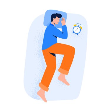 A man lying in a side pose during dream. Top view of night sleeping position. Vector illustration in flat style isolated on white background. clipart