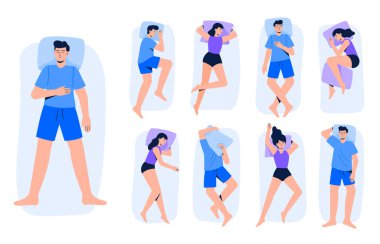 Farklı uyku pozları. Kadınlar ve erkekler çeşitli pozlarda yalan söyler. Uyku ya da gece uyku pozisyonu. Üst Manzara. Düz biçimdeki vektör illüstrasyonları.