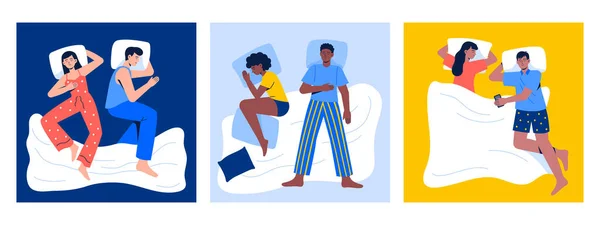 Set Mit Schlafenden Paaren Frauen Und Männer Schlafen Zusammen Unterschiedlichen — Stockvektor