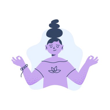 Genç bir kız gözleri kapalı meditasyon yapar. Sağlıklı bir alışkanlık ve bağışıklık desteği. Beyaz arkaplanda izole edilmiş vektör düz illüstrasyon.