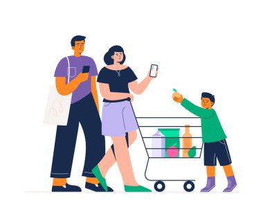 Parents and a child with a shopping cart filled with goods and daily supplies. Buying food in a grocery store. Vector flat illustration on a white background.