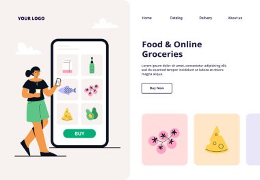 Genç bir kadın telefonundan günlük yiyecek ve erzak seçiyor. Çevrimiçi bir mağazadan yemek almak kolay ve hızlı. Web afişi ve iniş sayfası için vektör düz illüstrasyon.