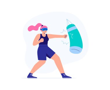 Genç bir kadın spor aktiviteleri için sanal gerçeklik gözlüğü kullanıyor. Metaverse sanal bir dünyayı keşfediyor ve etkileşime giriyor. Beyaz arkaplanda izole edilmiş vektör düz illüstrasyon.