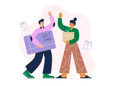 Hediye değiş tokuş eden bir çift. Bir erkek hediye çeki sundu ve bir kadın hediye kutusu sundu. Beyaz arkaplan üzerinde vektör düz illüstrasyon.