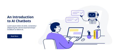 Bir adam sohbet robotuyla iletişim kurar, sorular sorar ve cevapları alır. AI asistan desteği ve SSS konsepti. Web sayfası, pankart veya tanıtım için vektör düz illüstrasyon.