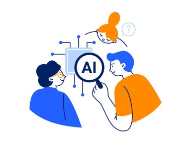 Bir grup genç insan yapay zeka öğreniyor. Modern yenilik ve teknoloji öğreniyorum. Beyaz arkaplanda izole edilmiş vektör düz illüstrasyon.