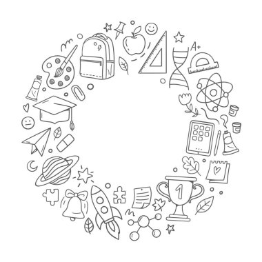 Okula dönelim. Karalamalarla çerçevelenmiş. Okul malzemeleri ve eğitim unsurları. Beyaz arkaplanda el çizimi vektör çizimleri izole.