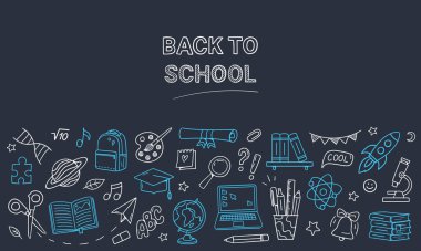 Okuldaki karalamalara geri dönelim. Okul malzemeleri ve eğitim unsurları. Sancaklar ve tanıtımlar için el çizimi vektör çizimleri.