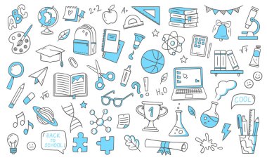 Okuldaki karalamalara geri dönelim. Okul malzemeleri ve eğitim unsurları. Beyaz arkaplanda el çizimi vektör çizimleri izole.