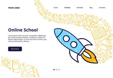 Okula dönelim. Okul malzemeleri ve eğitim unsurlarıyla dolu bir roket. Web sayfası, pankart veya tanıtım için el çizimi vektör çizimleri.