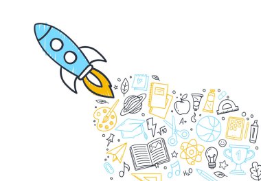 Okula dönelim. Okul malzemeleri ve eğitim unsurlarıyla bir roket karalaması. Beyaz arkaplanda el çizimi vektör çizimi izole.