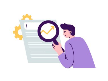 Bir adam verileri analiz eder ve popüler arama için bir web sitesini optimize eder. Arama motoru optimizasyon konsepti. Beyaz arkaplanda izole edilmiş trend vektör düz illüstrasyon.