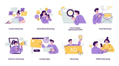 Bir dizi pazarlama sahnesi. Çevrimiçi pazarlamada iş yapan kadın ve erkeklerin kavramları. Beyaz arkaplanda izole edilmiş trend vektör düz çizimleri.