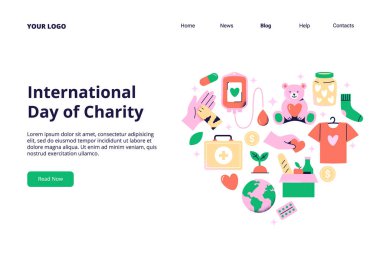 Farklı türde bağışlar ve kalp şeklinde yardım. Nezaket, hayırseverlik ve gönüllü çalışma konsepti. Web afişi, iniş sayfası veya tanıtım için vektör düz illüstrasyon.