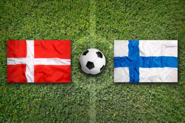 Danimarka, Finlandiya 'ya karşı yeşil futbol sahasında bayraklar