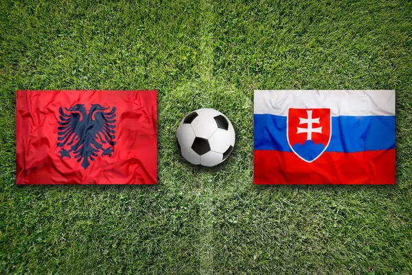 Arnavutluk, Slovakya 'ya karşı yeşil futbol sahasında bayraklar