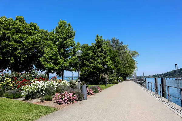 stock image Bregenz harbor entrance, Austria on Lake Constance in summertime