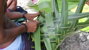 Palmiye yapraklarından sepet ören genç Afrikalı, yaklaş.