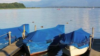 Chiemsee Gölü rıhtımında sürat tekneleri