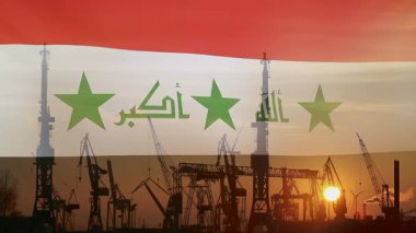 Endüstriyel kavramı konteyner limanının günbatımı, siluet Irak bayrağı ile