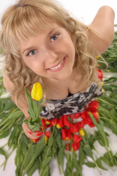 Portrait Young Beauty Happy Woman Tulips — Stock Photo, Image