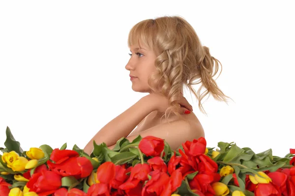 Portret Jonge Schoonheid Gelukkig Vrouw Met Tulpen — Stockfoto