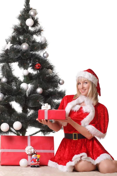 Молодая Женщина Одежде Санта Клауса Подарками — стоковое фото