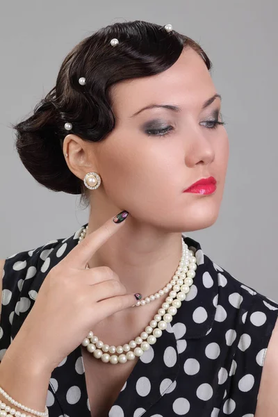 Glamour Woman Polka Dot Dress Studio Photo — Stock Photo, Image