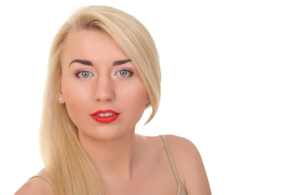 Portret Van Een Sensuele Jonge Blonde Vrouw Geïsoleerd Witte Achtergrond — Stockfoto