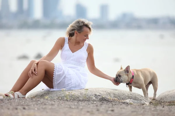 Young Woman Dog Summer White Dress — Stock Photo, Image
