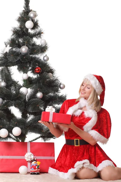 Молодая Женщина Одежде Санта Клауса Подарками — стоковое фото