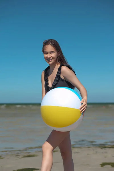 Young Slim Woman Swimsuit Beach Ball — 스톡 사진