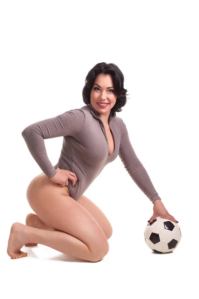 Mujer Joven Con Pelota Fútbol Sobre Fondo Blanco —  Fotos de Stock