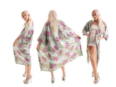 Beyaz bir arka planda şık bornozlu genç, zayıf bir kadın.