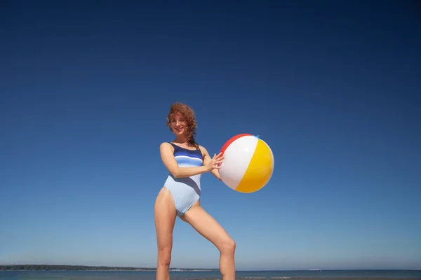 Young Slim Woman Swimsuit Beach Ball — Zdjęcie stockowe