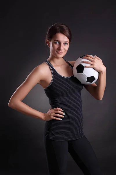 Young Woman Soccer Ball Black Background — Stock Photo, Image