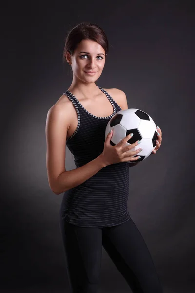Young Woman Soccer Ball Black Background — Stock Photo, Image